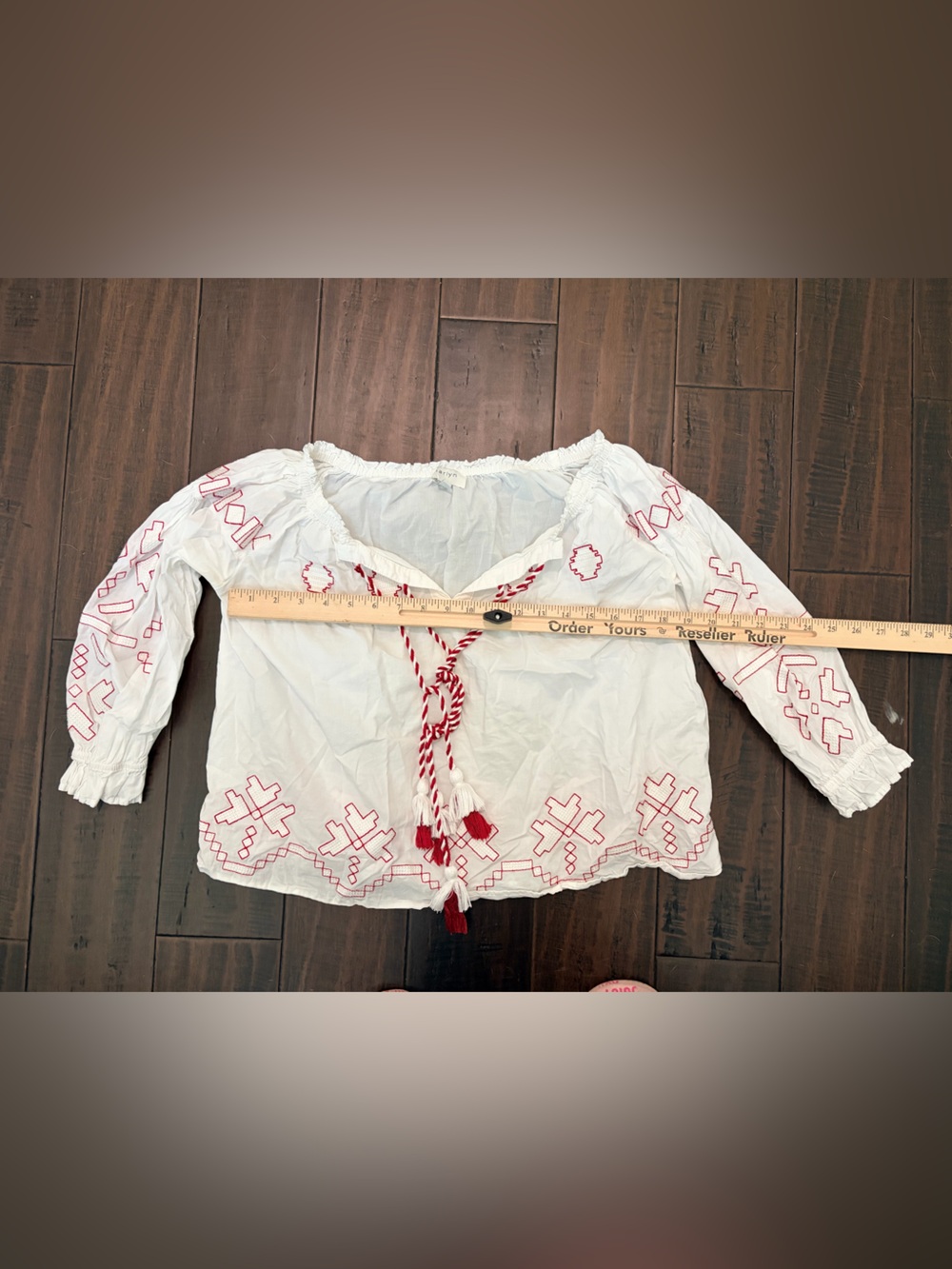 White Embroidered Blouse Off Shoulder Red Tassel Tie - Picture 3 of 5